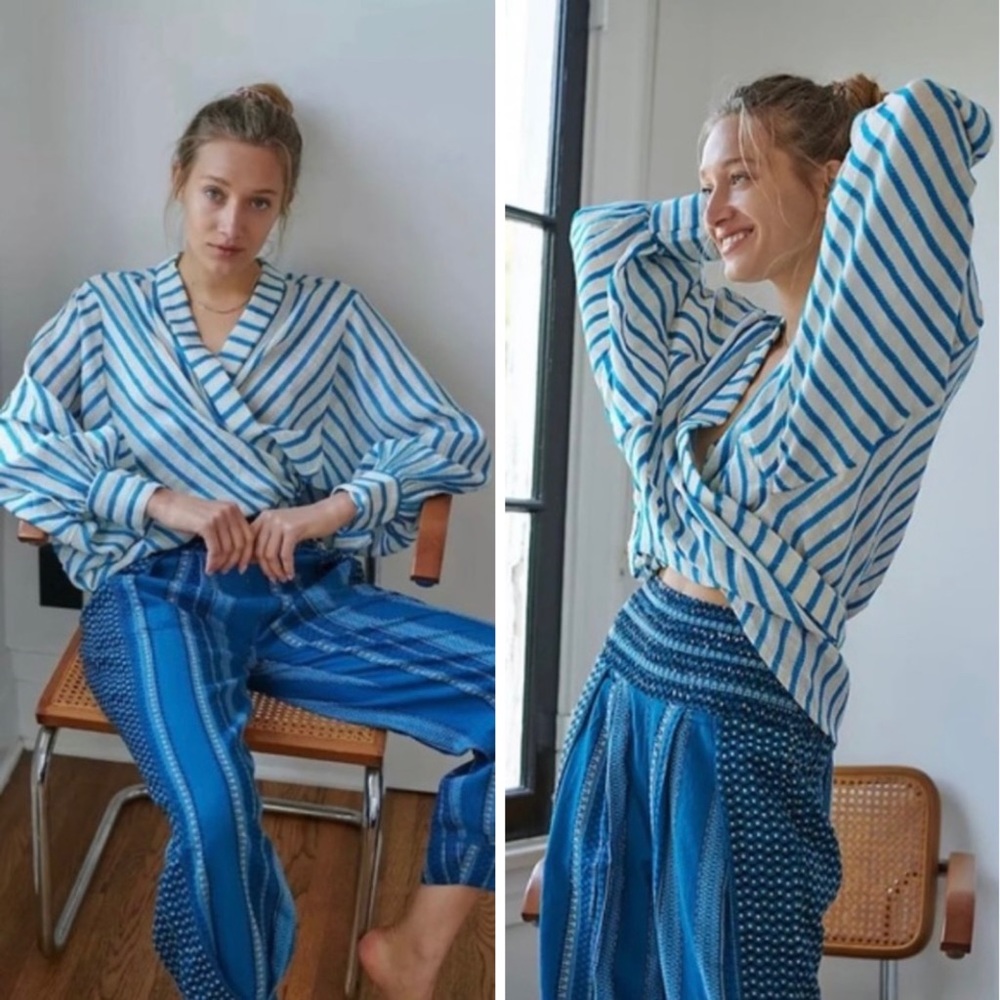 Free People UK Kimono Style Lightweight Cotton Blend Top Turquoise White Striped